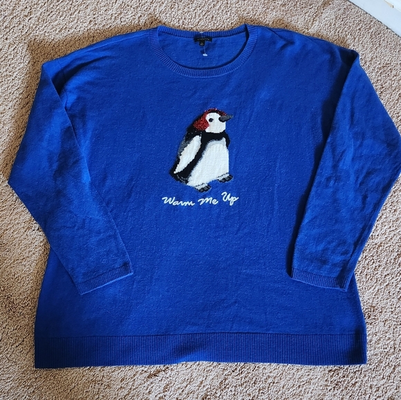 Talbots Blue Lambswool Penguin Warm Me Up Warm Winter Zoo Animal Crew Sweater XL - Picture 2 of 6